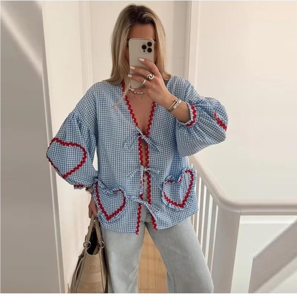 Blue and Red Gingham Heart Tie Front Blouse